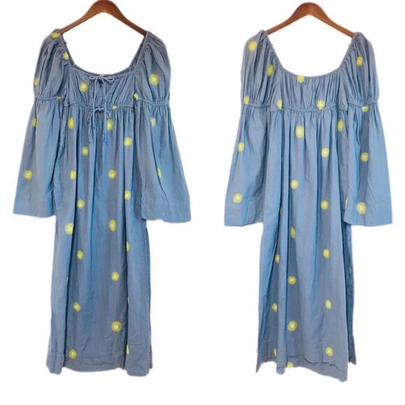 FREE PEOPLE Emory Boho Embroidered Square Neck Puff Sleeve Peasant Dress Size XS - Picture 2 of 15